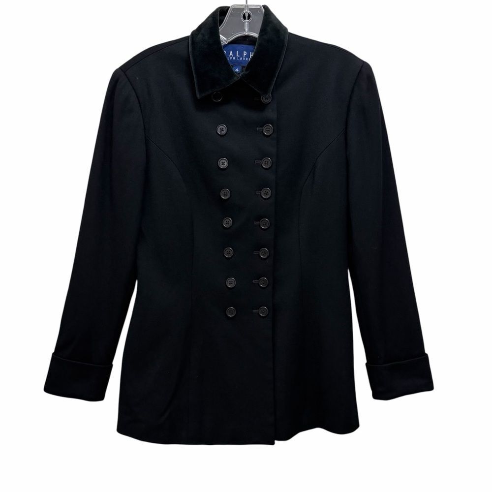 Ralph Lauren Vintage Wool Coat Jacket Velvet Collar USA Union Tag Black Size 4
